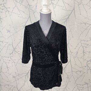 Cleo Black Velvet Burnout Half Sleeve Wrap Blouse